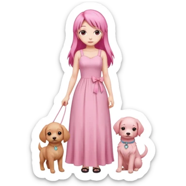 Pastel anime lady long hair pink long dress full body holding puppy sticker