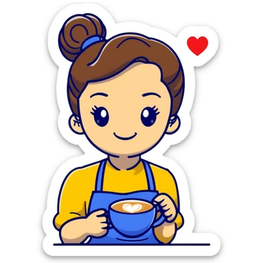 Cute brunette barista girl with hair in a bun wearing yellow shirt and dark blue apron, she's relaxed and making heart-shaped latte art, smiling at the coffee cup with a heart design in the foam sticker