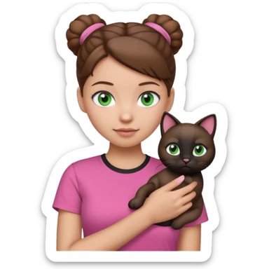 girl emoji with blue eyes, light skin, brown hair in a bun, wearing a pink t-shirt, holding a black cat with green eyes on her arm sticker