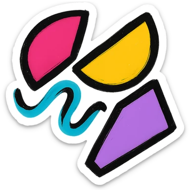 Push the logo to be even more abstract and unrestrained, with bold, misaligned geometric shapes and a vibrant, expressive color palette. Avoid any literal symbols, focusing on pure movement and connection. Clean, bold, and app icon ready. No background. sticker