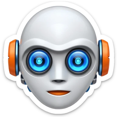 "Cartoon-style robot head with glowing blue eyes, white shell, orange-tipped arms, and blue gradient background" sticker