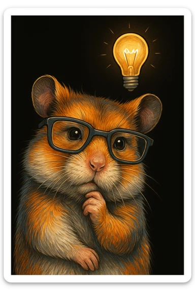 a unique, colorful, mature, modern, highly realistic hamster with cool glasses, thinking about an idea with a lightbulb above its head, hand-drawn look, visually clear and not broken, illustrated in Procreate style on an iPad, solid black background sticker
