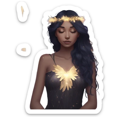 Black Raven wings bohemian girl Ethereal galaxy constellation girl angel raven wings black wings, gold arrow, nebula, flower crown, fairy lights, iridescent sticker