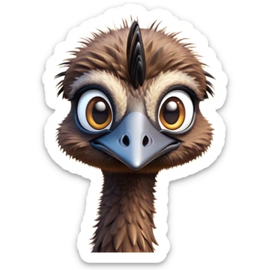 Cinematic Cute Emu Portrait Emoji, Head tilted playfully and inquisitively, featuring a glossy, textured brown plumage with a perky head and round, sparkling eyes full of curious wonder, Simplified yet irresistibly adorable features, highly detailed, glowing with a warm, friendly glow, high shine, affectionate and lively, stylized with a touch of outback whimsy, bright and endearing, soft glowing outline, capturing the essence of a mischievous yet loving emu, so playful it feels like it could gallop out of the screen into your arms! sticker
