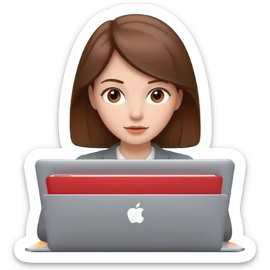 memoji of a brown hair white skin female with a grey laptop in front, apple-style, modern sticker