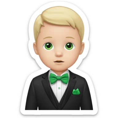 baby boy in suit, with green bow sticker