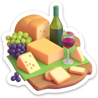 picnic with cheese, bread, grapes and wine on a red and white checkered blanket sticker