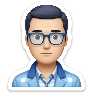 Man with square face, large dark square glasses, short straight hair combed to the side. Serious-relaxed expression. Light blue jacket, white shirt with blue checkered pattern. sticker