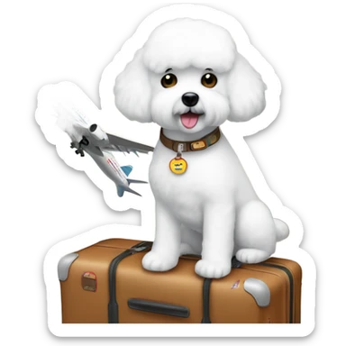ABichon Frise standing next to a suitcase filled with iconic places stickers on the suitcase  sticker