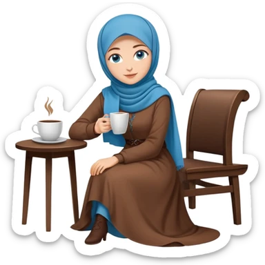 Turkish beautiful finish Konya girl blue eyes with brown hijab long tail dress and sits on the chair on the ground and holds cup coffe with her hand  sticker