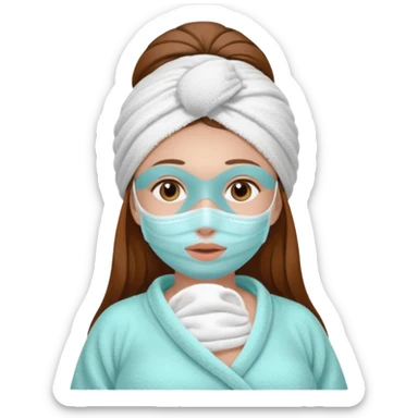 "Pregnant woman, with a towel on her head and a towel on her body, with face mask spa, with long brown hair and fair skin."
 sticker