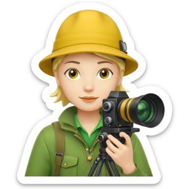 
explorer photographer, green clothes, yellow hat sticker