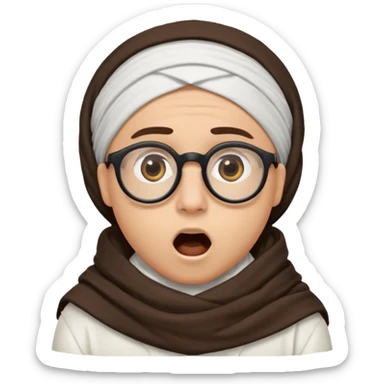 A person with light skin tone, wearing a traditional white shemagh with a BALCK AGAL, large brown eyes, round glasses, and an open mouth showing a surprised or shocked expression. sticker