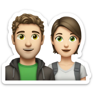 a brunette guy with fair skin and green eyes, next to him a brunette girl with fair skin and green eyes, and between them a gray tabby cat sticker