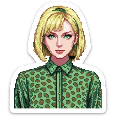A blonde woman with green eyes and a bob haircut, wearing a green leopard print blouse sticker