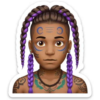 big lose braids starting from the top of the head man with mustache face wiith big visible braids and lots and lots of colored face tattoos colored tattoos like a tattoo artist hair unique color sticker