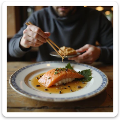 scene in a Japanese restaurant with a man eating salmon sushi and a close-up detail on the plate showing parasites, realistic 4K style sticker