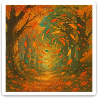 magical autumn forest with swirling colorful leaves sticker