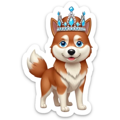 cute, disney-style red siberian husky with blue eyes wearing a bejeweled crown, full body view sticker