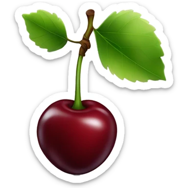 Dark red double cherry with a green stem and one leaf sticker