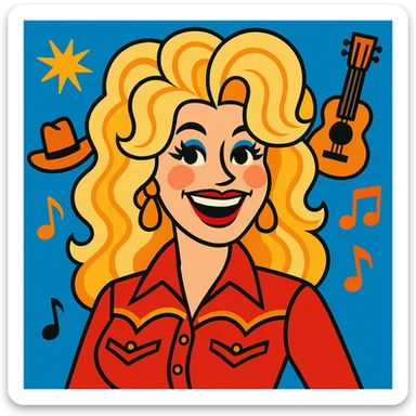 Dolly Parton with blonde hair, big smile, country style, vibrant colors sticker