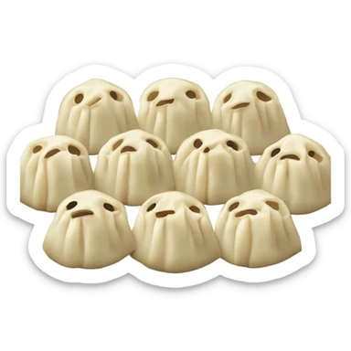There are five Chinese dumplings on a plate sticker