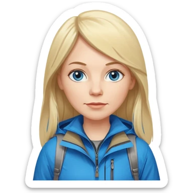 45 yr old white woman, pale skin, long straight blond hair parted in center, blue eyes, bangs, clothes for hike sticker