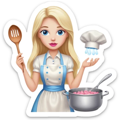 Cinematic realistic beautiful blonde with long hair, blue eyes and pink lips in a white dress cooks sticker