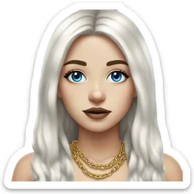 Hyperrealistic white girl with blue eyes and long black hair with rainbow fringe. Wearing gold chain necklace has dark eye makeup on her eyes sticker