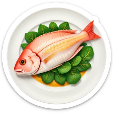 Cinematic fresh snapper fillet, pan-seared to golden perfection, soft and flaky texture, resting on a bed of sautéed greens, warm glowing background, refined and elegant. sticker