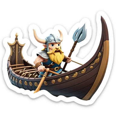 clash-of-clans-aesthetic_-cinematic-viking-longboat, rendered in a flat, bold vector style with minimal shading, featuring a striking dragon-headed prow slicing through icy, churning waters. shields on the side and vikings rowing The longboat’s intricately detailed shields and carved motifs evoke a sense of epic adventure and Nordic might, with billowing sails catching a dramatic, stormy sky backdrop. sticker