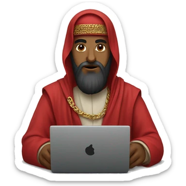 A caliph with red clothes writing in a laptop sticker