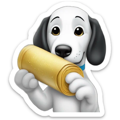 Rolled up dollar bill, held by snoopy in his paw hand pressed against his snout leaning over a pile of sugar and sniffing a pile of sugar through the dollar sticker