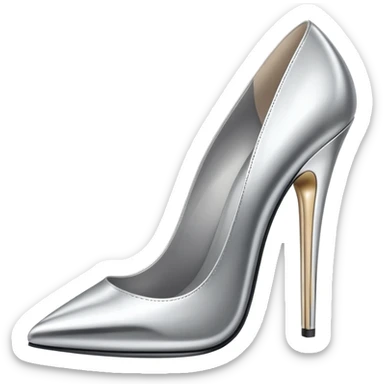 A pair of high heel shoes emoji made of polished silver chrome, elegant sharp silhouette, smooth metallic surface, glossy reflections, luxury sexy vibe, minimalistic iOS emoji style, centered, clean white background sticker