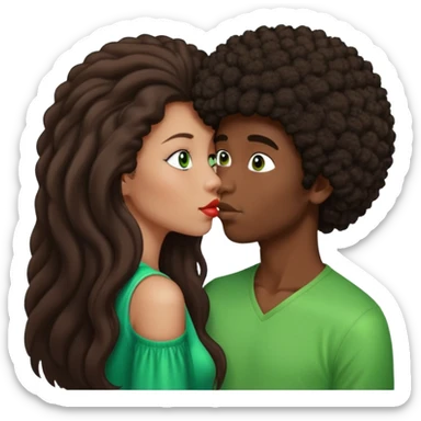 girl with long brown straight hair and green eyes kissing dark boy with afro and big nose sticker
