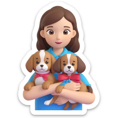 A pale girl with brown shoulder-length hair tied with a ribbon hairclip, holding a dog sticker