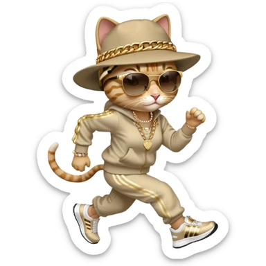 female cat running wearing Run DMC hip-hop outfit, tracksuit, fedora, Adidas shoes, dark sunglasses, lots of gold chains, bling accessories sticker