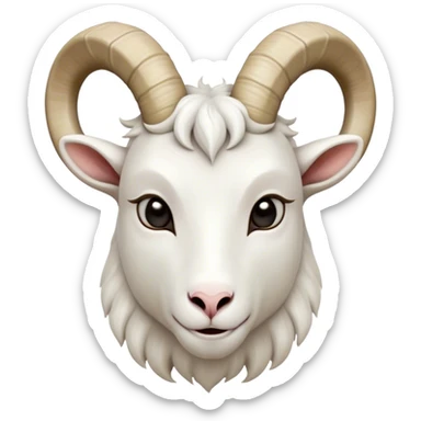 Cinematic Noble White Goat Portrait Emoji, Poised and regal, with a sturdy, agile build and a pristine, smooth white fur accented by gracefully curved horns, deep-set soulful dark eyes, Simplified yet sharp and sophisticated features, highly detailed, glowing with a soft, dignified glow, high shine, intelligent and spirited, stylized with an air of pastoral elegance, focused and attentive, soft glowing outline, capturing the essence of a watchful and confident goat, so majestic it feels as though it could leap out of the screen with effortless authority! sticker