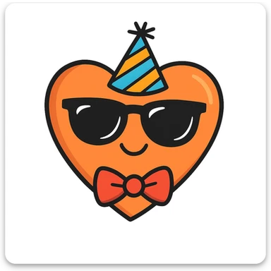 Add sunglasses, a party hat, and a bow tie to the orange heart. Keep the playful and sketchy hand drawn doodle style as in the reference image. sticker