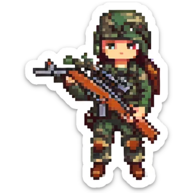 pixel art style sniper, small character, holding a sniper rifle, camouflage colors, simple background sticker