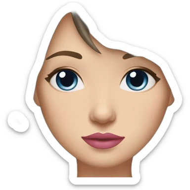 White women with long dark hair with curtain bangs and long eyelashes dark blue eyes and pink cheeks with pink lips and thick dark eyebrows wearing a black hoody sticker