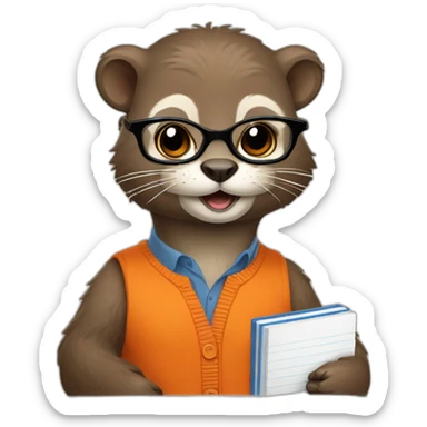Otter in an orange cardigan with round glasses holding multiple journals, planners and pens sticker