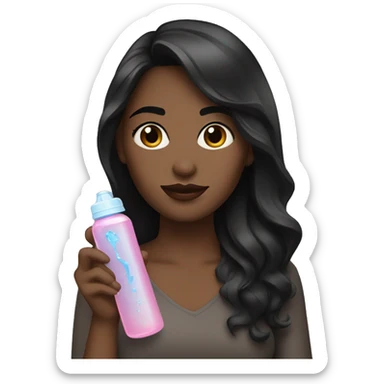 A dark haired women with a water bottle and a lipgloss sticker