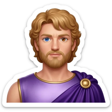 Alexander the Great from Rome Mythology with one blue and one brown eye, long reddish blonde hair, pale purple metallic tunic, dark purple metallic cloak sticker