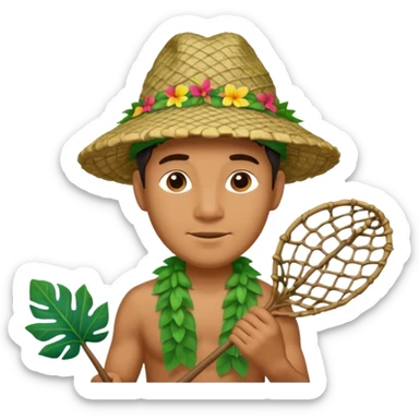 Hawaiian man with leaf hat and big net and colorful cloth sticker