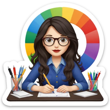 female dark wavy long hair graphic designer , color wheel, pens, papers , desktop sticker