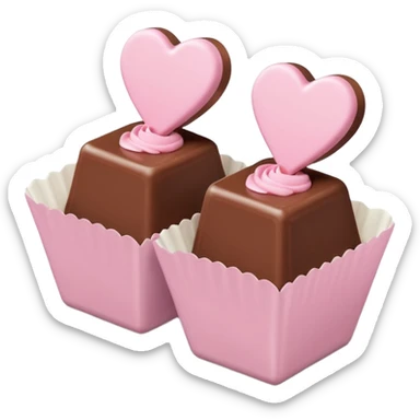 Two square milk chocolate , Each praline is a sharp-edged cube with smooth glossy chocolate coating, placed in a small white fluted paper candy cup. On top of each cube is a flat pastel pink heart-shaped icing sticker