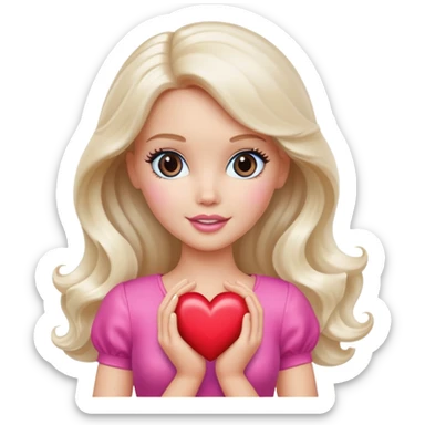 White Barbie girl with long wavy dark brown hair holding heart  sticker