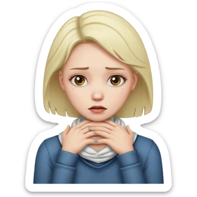 Woman choking herself with dramatic face sticker