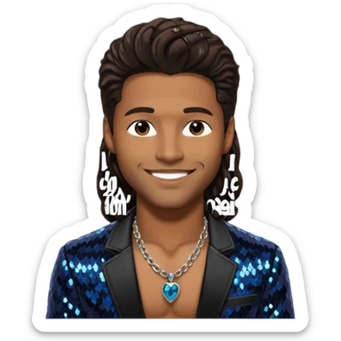 Eric Benét with long dark brown hair, black sequin jacket, shirtless with necklace sticker